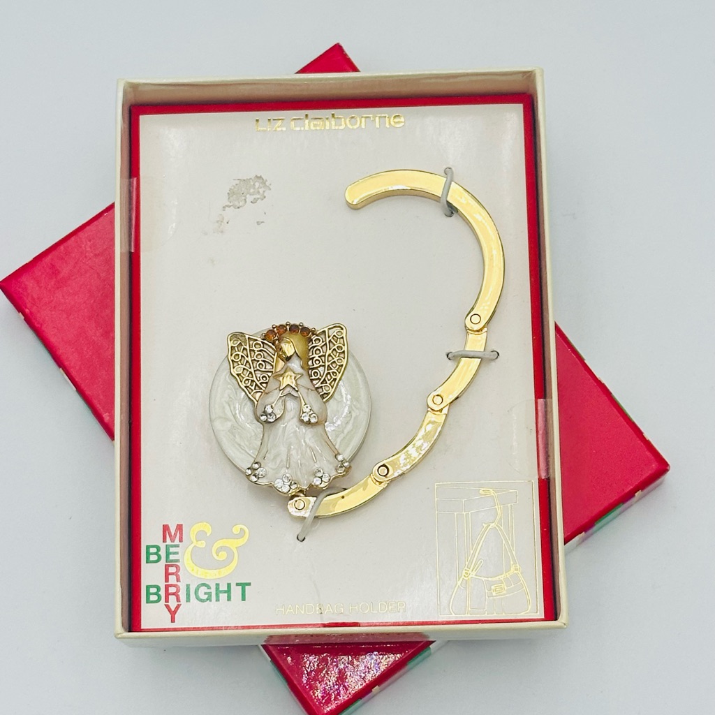 Liz Claiborne Gold And White Angel Handbag Hook Enamel Rhinestone Christmas